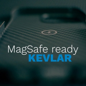 Detaliu al texturii Kevlar de pe husa Vetter pentru iPhone 15 Pro, compatibila MagSafe