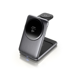 Statia Vetter iFold Duo desfacuta, cu telefonul prins magnetic si suportul pentru Apple Watch