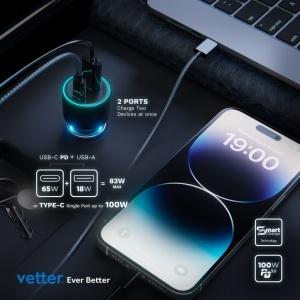 Incarcatorul auto Vetter Turbo 100W in bricheta masinii, cu un port USB-C si un port USB-A