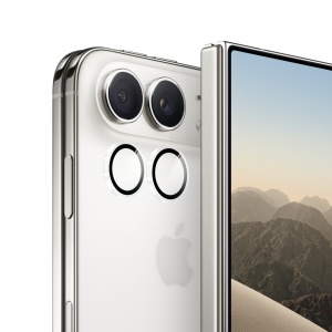 Folii individuale pentru lentilele camerei, montate pe un iPhone Duo alb, vedere din spate si din fata