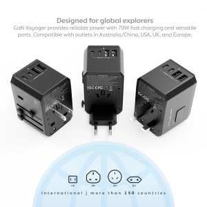 Incarcatorul de priza universal Vetter GaN Voyager 70W, vazut din mai multe unghiuri, cu adaptoare pentru Australia, China, SUA, Marea Britanie si Europa