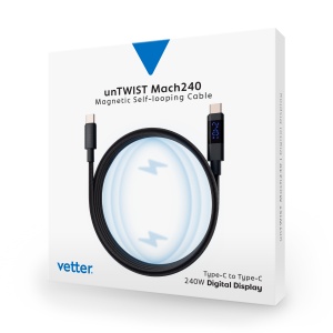 Cablu unTWIST Mach240, Type-C to Type-C Magnetic self-looping cable, Digital Display, 240W, 1m, Negru-vetter.store