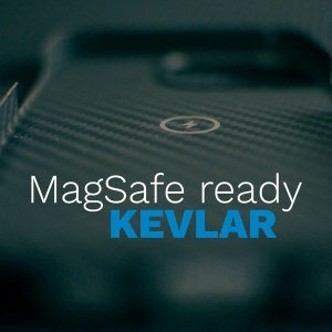 Detaliu al texturii Kevlar de pe husa Vetter pentru iPhone 16 Pro Max, compatibila MagSafe