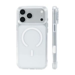 Husa Vetter Soft Pro transparenta pe iPhone 18 Pro, vedere din spate cu inelul MagSafe si profil lateral