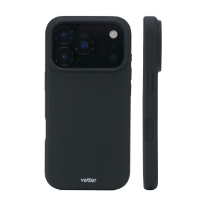 Husa Soft Touch Silk Series neagra pe iPhone 18 Pro Max, vedere din spate si profil lateral