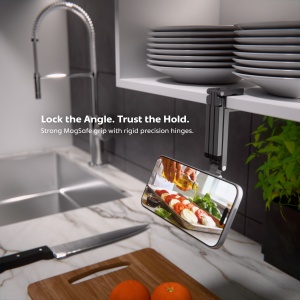 Suport de raft cu balamale rigide, cu un iPhone fixat magnetic in modul peisaj