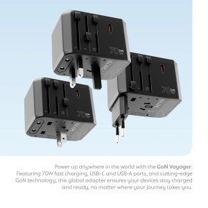 Incarcatorul universal Vetter GaN Voyager 70W cu prize pentru mai multe tari