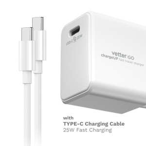 Incarcatoare Retea, Incarcator chargeUP, Smart Travel Charger with Type-C Cable, Vetter Go, Power Delivery, 25W, Alb - vetter.store