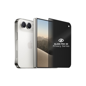 Folie privacy Glass Pro 3D montata pe un iPhone Duo alb, ecranul privit din lateral apare intunecat