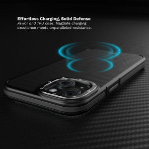 Huse iPhone 15 Plus, Husa iPhone 15 Plus Clip-On, Compatibila MagSafe, Aramida, Hybrid Kevlar, Negru cu Gri - vetter.store _2