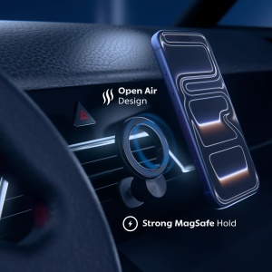 Suportul auto Vetter MagHOLD AirFLOW cu design deschis, montat pe grila de ventilatie, cu telefonul prins magnetic