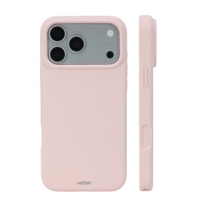 Husa Soft Touch Silk Series roz pe iPhone 18 Pro, vedere din spate si profil lateral
