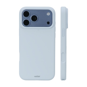 Husa Soft Touch Silk Series bleu pe iPhone 18 Pro Max, vedere din spate si profil lateral