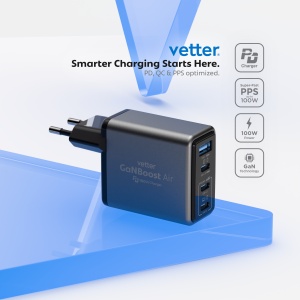 Incarcatorul Vetter GaNBoost Air 100W cu 3 porturi USB-C si un port USB-A, cu tehnologie GaN