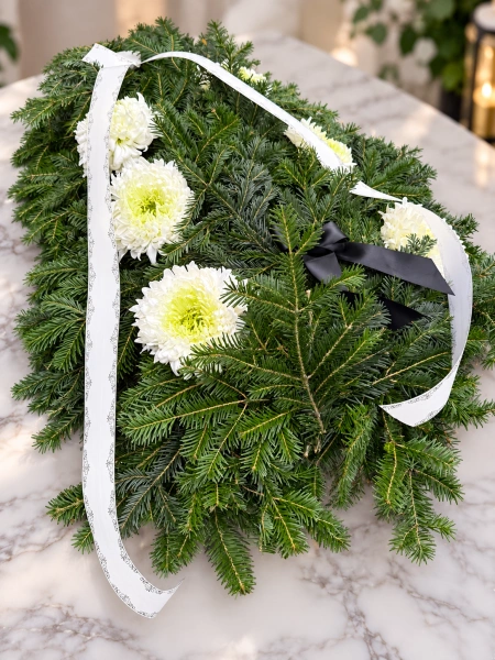 Coroană funerară din brad natural cu crizanteme albe – livrare posibila în Craiova - Img 2