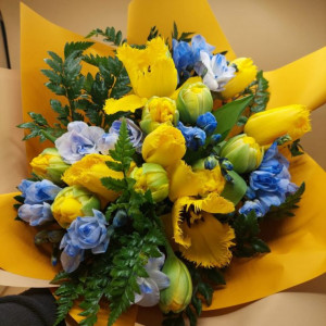 Buchet îndrăzneț cu lalele galbene si frezii albastre