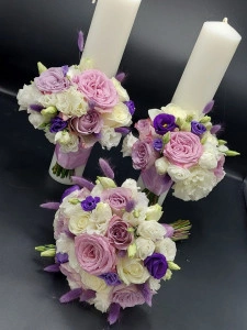 Set lumanari si buchet alb - mov