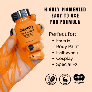 Machiaj lichid profesional pentru pleoape, ten și bodypainting, long-lasting, Liquid Makeup Mehron Orange, 30ml - Img 2