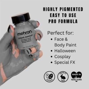 Machiaj lichid profesional pentru pleoape, ten și bodypainting, long-lasting, Liquid Makeup Mehron Monster Grey, 30ml - Img 3