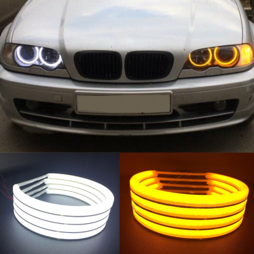 Angel Eyes COTTON compatibil BMW E46 cu lupa E36/E38/E39 Lumina: alba DRL + semnalizare galbena