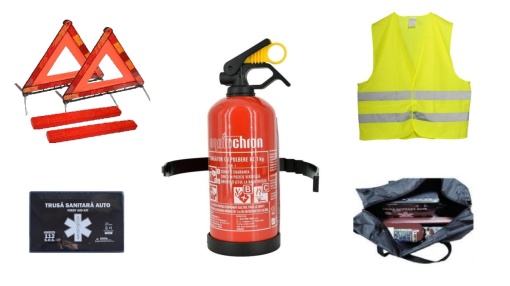 PACHET COMPLET -kit siguranta auto: trusa, 2x triunghiuri, stingator tip spray, vesta, geanta exp:2030