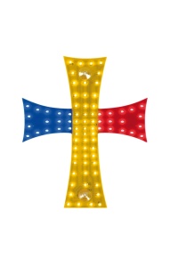Cruce LED luminoasă, 12V - 24V, în culorile albastru-galben-roșu, cu drapelul României (RO)