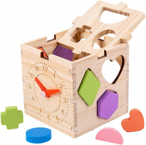 Cub sortator cu forme geometrice din lemn si ceas