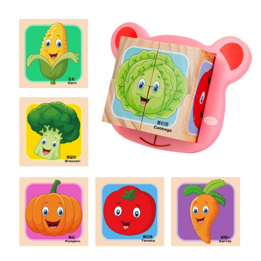 Cuburi Puzzle din Lemn cu 6 Imagini si Suport, Legume