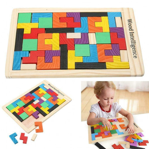 Joc educativ 2 in 1 puzzle Tangram Tetris din lemn, 40 piese