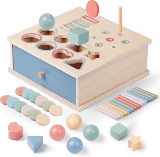 Joc educativ multifunctional 4 in 1 cutia permanentei cu forme de sortat