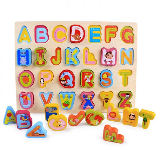 Puzzle incastru din lemn cu piese groase, Alfabet colorat