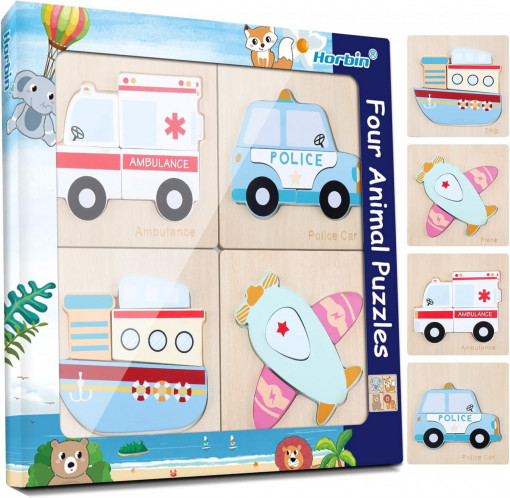 Set 4 puzzle din lemn cu piese groase, Vehicule