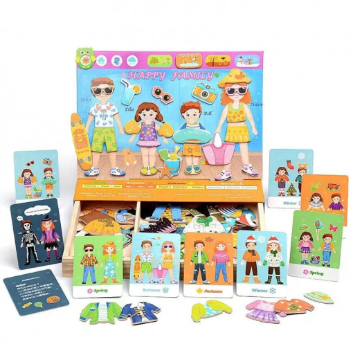 Set de joaca magnetic din lemn cu 80 piese, Imbraca Familia