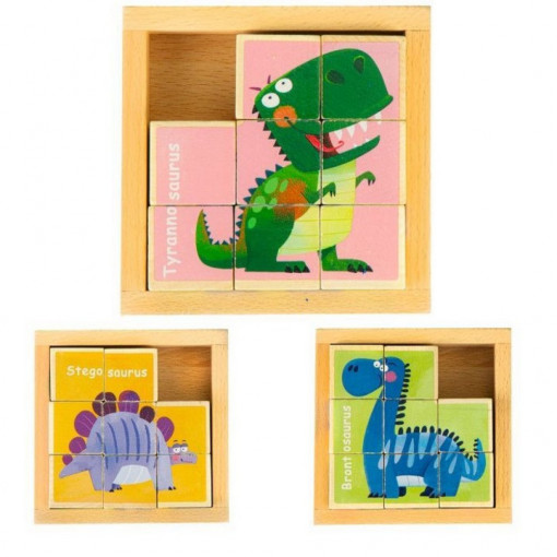 Set puzzle cu 8 cuburi din lemn, Dinozauri