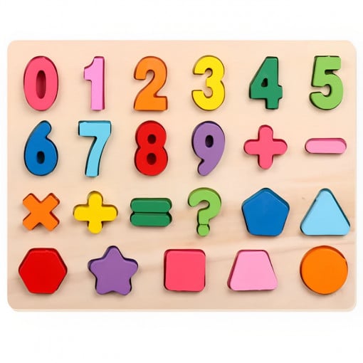 Tablita Puzzle din Lemn, Cifre 1-9, operatiuni si forme geometrice