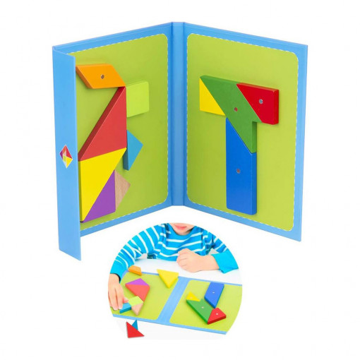 Carte Magnetica Puzzle cu piese din Lemn, 96 modele, Tangram, Albastru