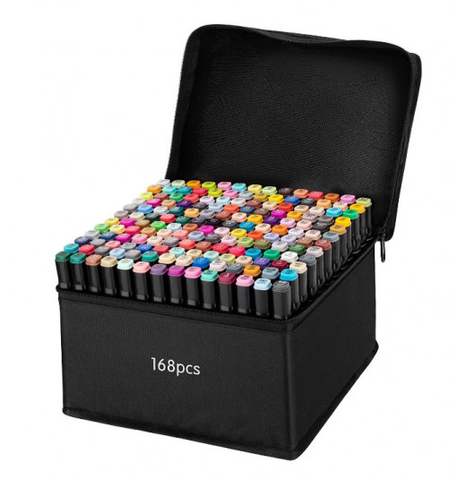 Set 168 markere tip carioci cu 2 capete si geanta depozitare, Multicolor