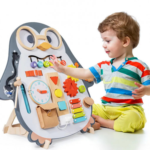 Busy Board 2 in 1 cu tablita scris si desenat, Pinguinul Vesel