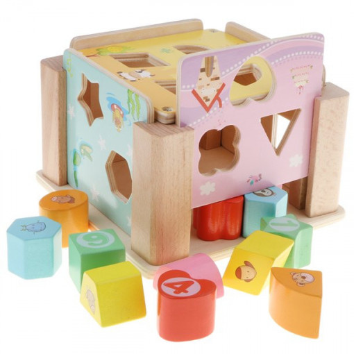 Cub Sortator din Lemn cu Forme Geometrice Colorate, Color Box