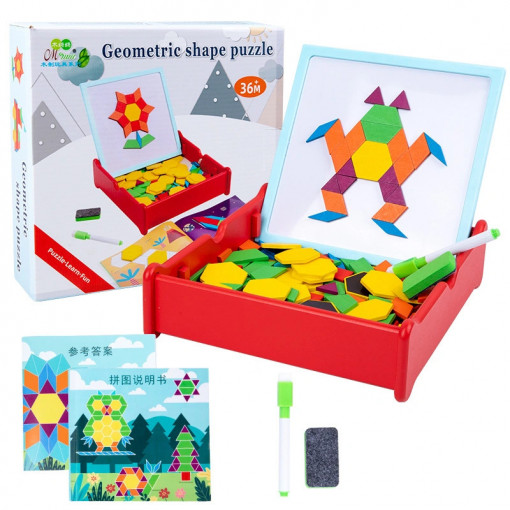 Joc tangram si tablita de scris 2 in 1 cu piese magnetice si cutie