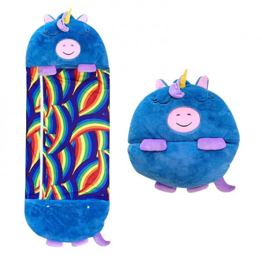 Sac de dormit 2 in 1 pentru copii, pliabil, portabil, 137x50 cm, 2-8 ani, Unicornul Somnoros, Albastru