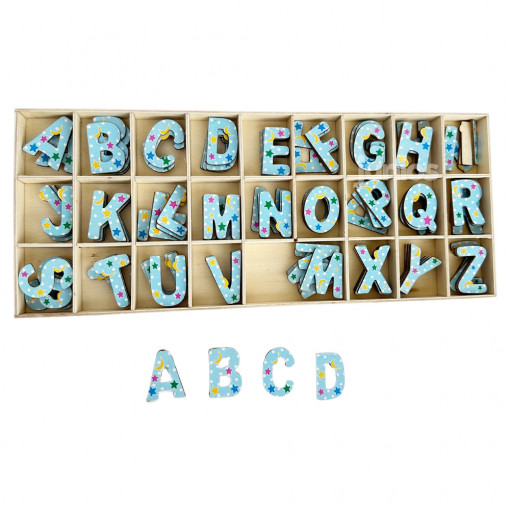 Set 135 litere alfabet craft din lemn, cutie depozitare, Albastru