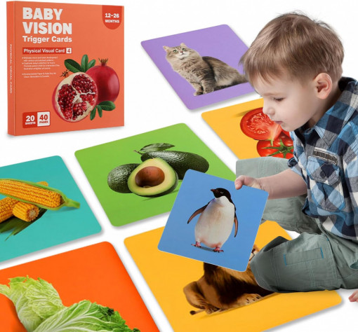 Set 40 imagini stimulare vizuala, cognitiva si senzoriala bebelusi, carduri color cu imagini, 1-3 ani