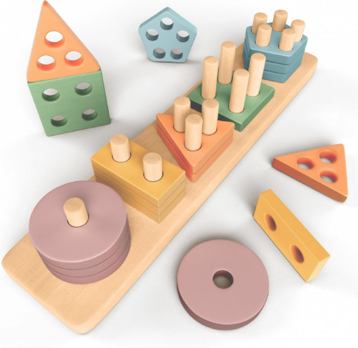Joc educativ Montessori sortare si stivuire forme, 5 coloane, Pastel
