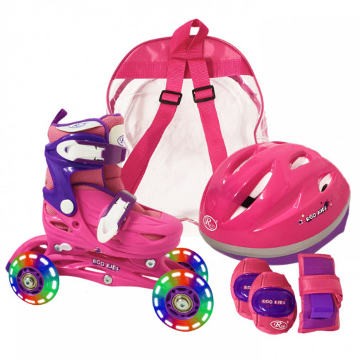 Set role cu echipament, roti cu luminite, marime ajustabila 25-28, Fucsia