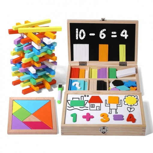 Tabla educativa montessori cu 2 fete, betisoare, cifre si tangram