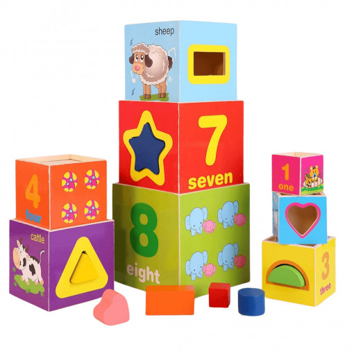 Turn Montessori 8 cuburi din lemn, cifre, animele si forme geometrice
