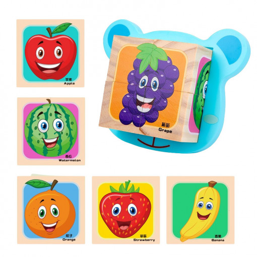 Cuburi Puzzle din Lemn cu 6 Imagini si Suport, Fructe