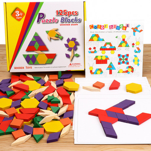 Joc Puzzle Tangram din Lemn, 125 piese, forme geometrice, modele nelimitate