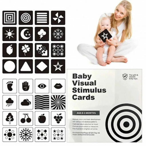 Set 32 imagini stimulare vizuala si senzoriala bebelusi, carduri alb-negru, 0-3 luni